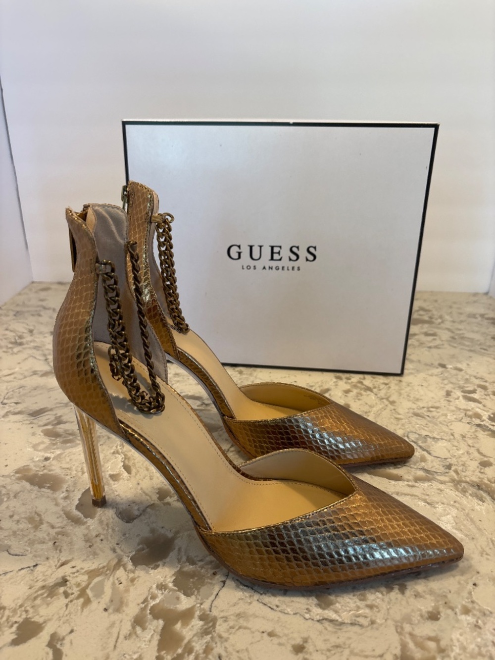 EUC Guess Women’s Stefany Heels Bronze Snake Print Chain Link Ankle 10 M - Picture 2 of 6